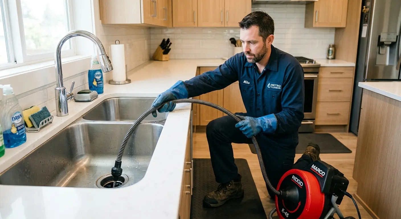 Drain cleaning technician using a motorized snake on a kitchen sink in Marcellus