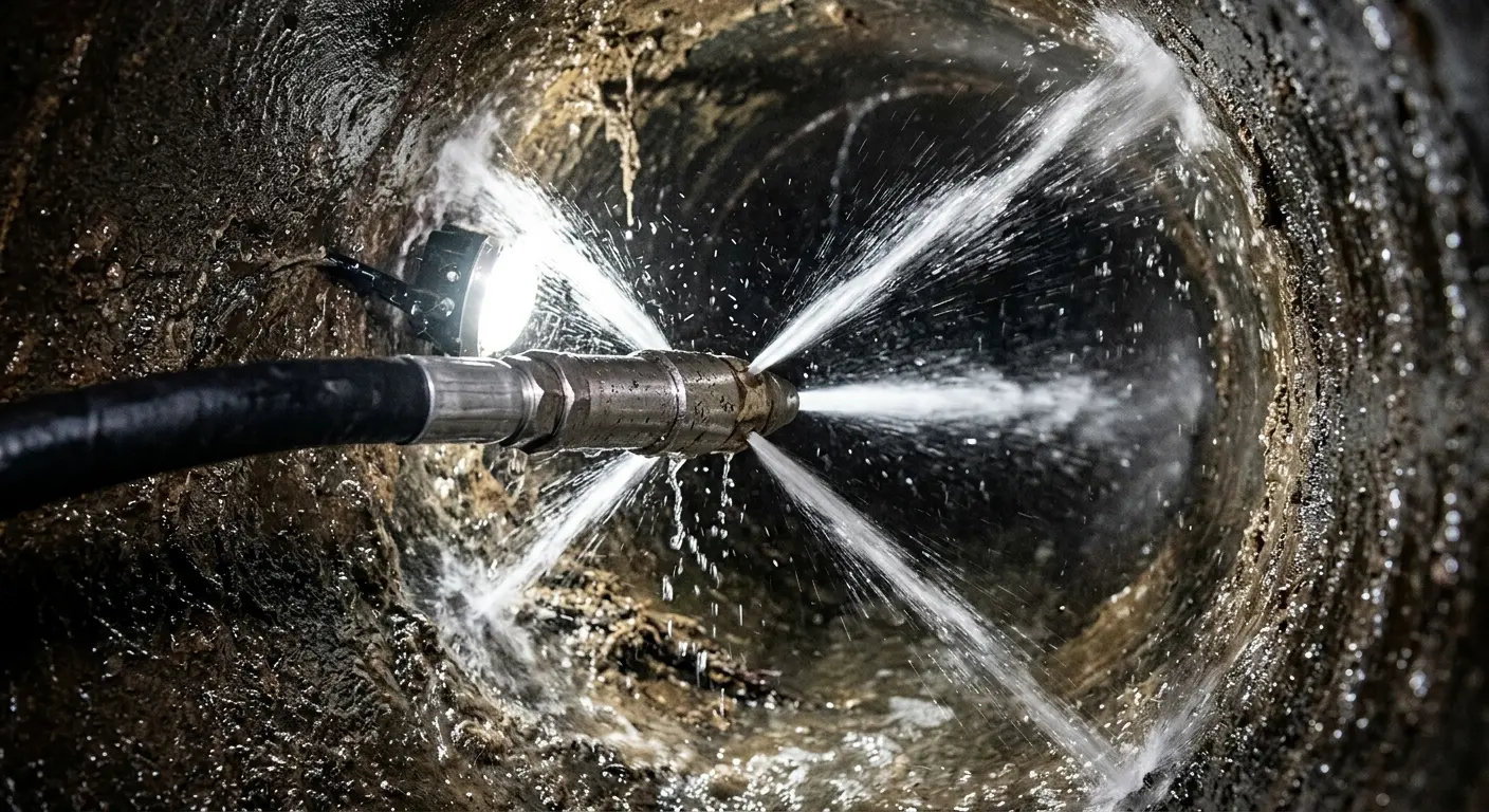 High-pressure hydro jetting nozzle cleaning sewer pipe for Emergency Drain Service in Marcellus