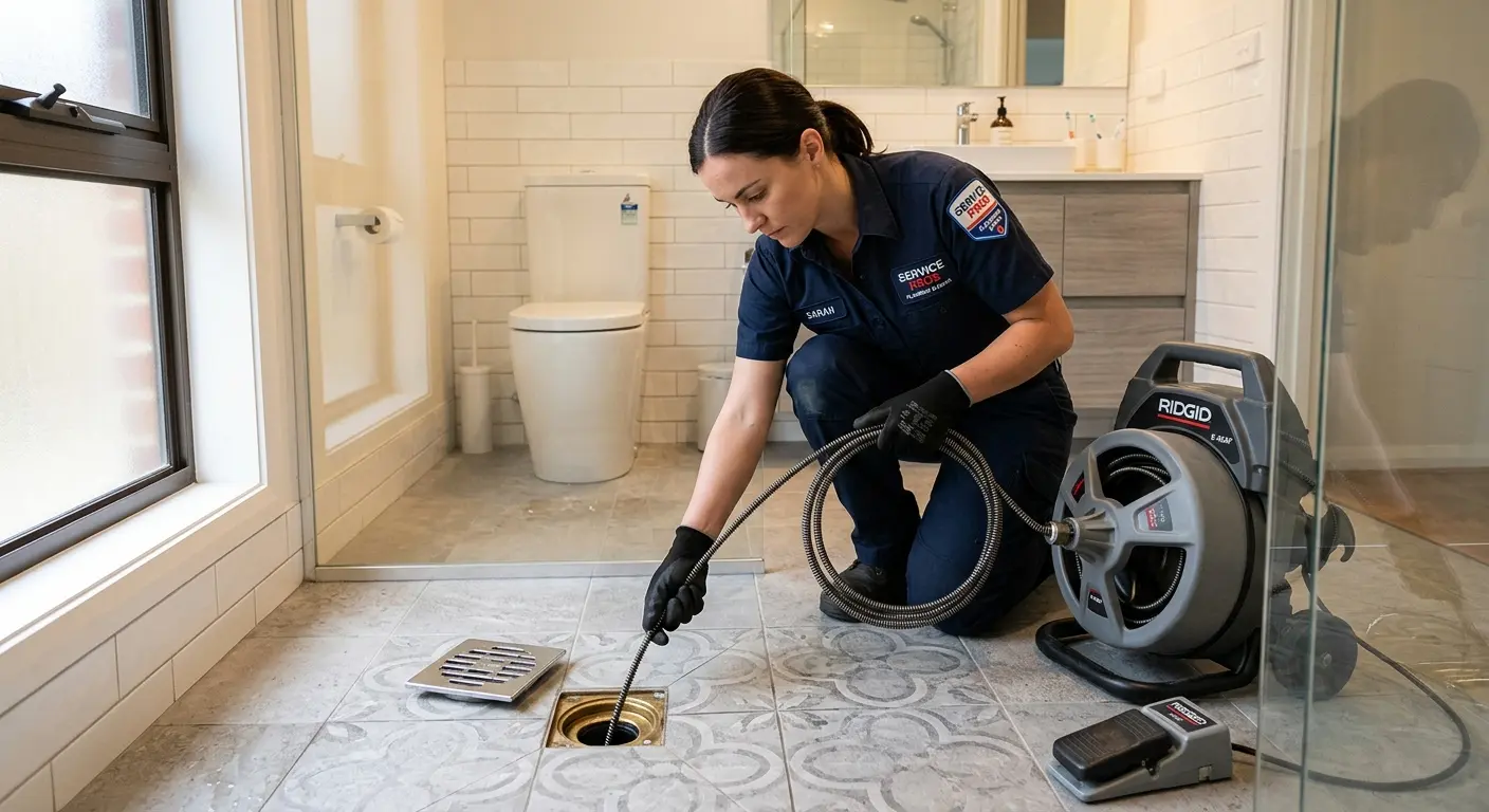 Technician clearing a bathroom floor drain for Drain Cleaning in Marcellus